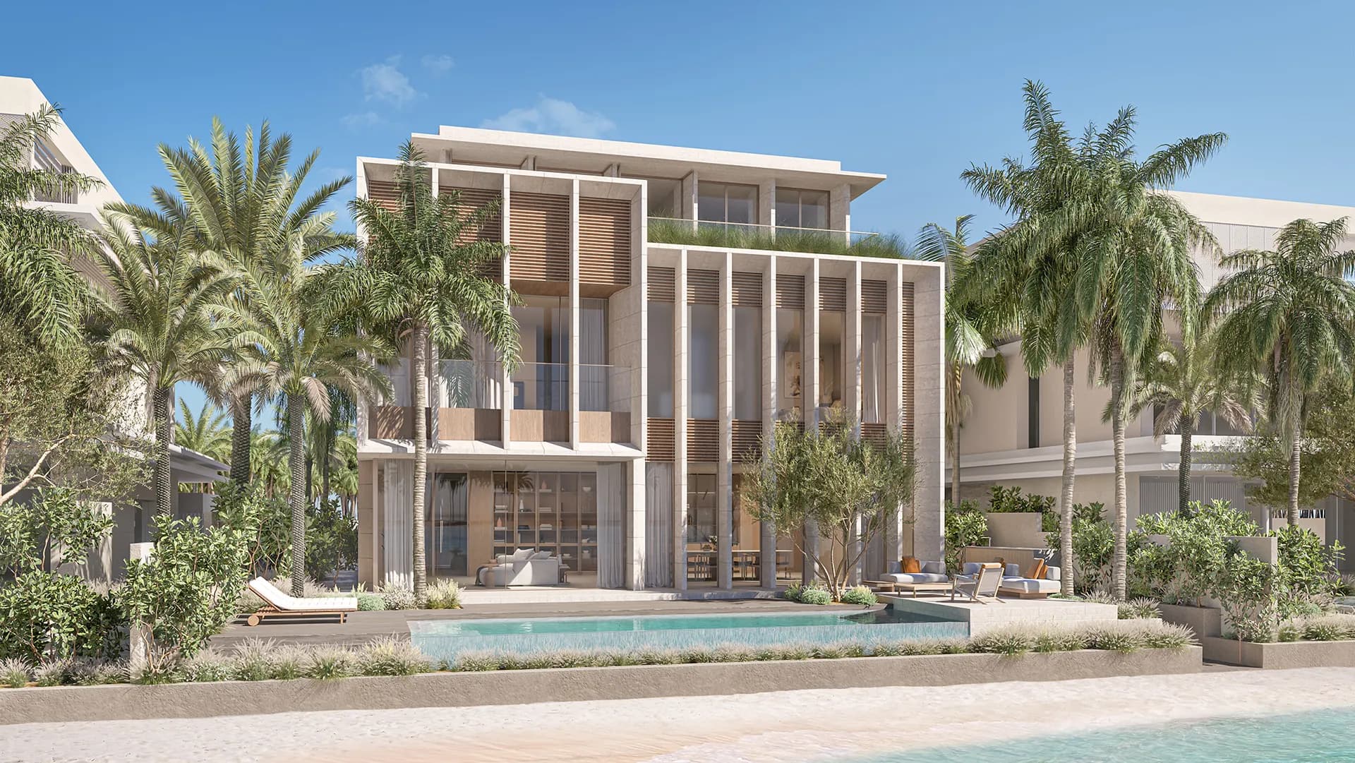Detail of a stone villa facade on Palm Jebel Ali